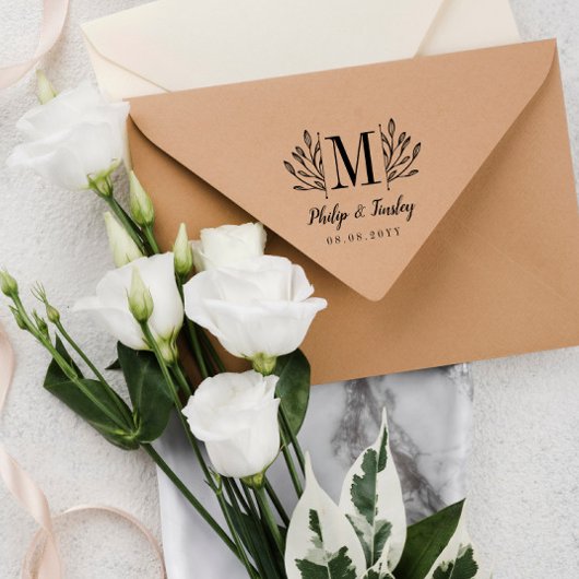 Elegant Greenery Monogram Namen & Wedding Date Rubberstempel