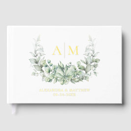 Elegant Greenery Monogram Trouwen Gouden Folie Gastenboek