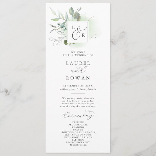 Elegant Greenery Monogram Wedding Programme Programmakaart (Voorkant)