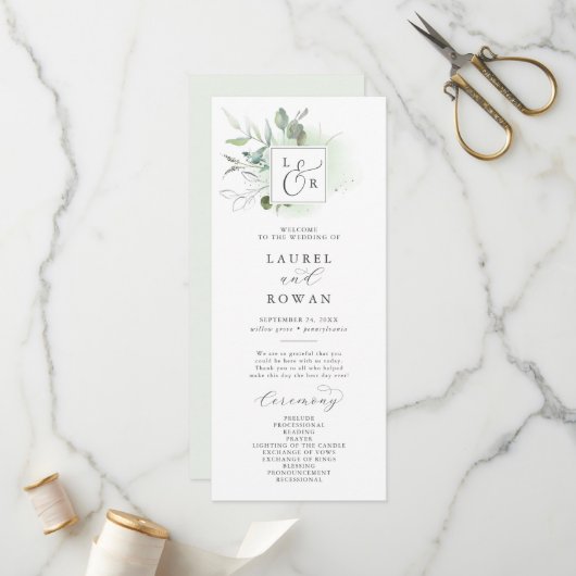 Elegant Greenery Monogram Wedding Programme Programmakaart (Voorkant / Achterkant in situ)