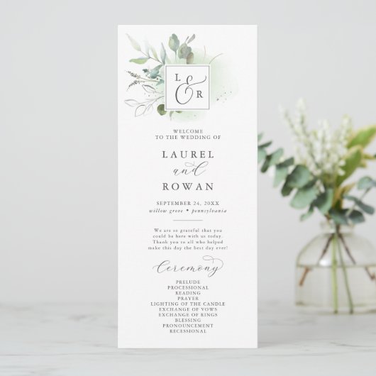 Elegant Greenery Monogram Wedding Programme Programmakaart (Staand voorkant)