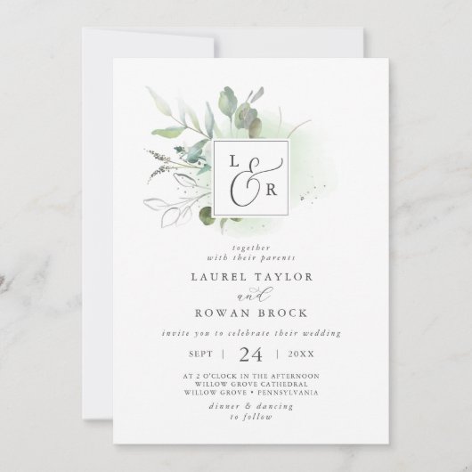 Elegant Greenery Monogram Wedding Uitnodiging (Voorkant)