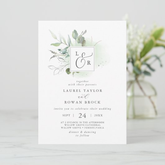 Elegant Greenery Monogram Wedding Uitnodiging (Staand voorkant)