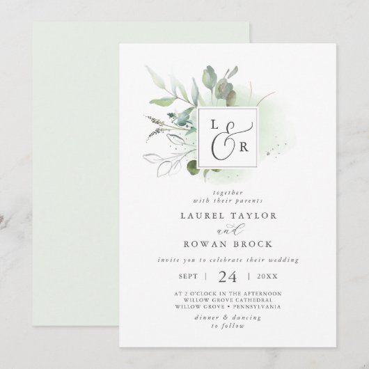 Elegant Greenery Monogram Wedding Uitnodiging (Voorkant / Achterkant)