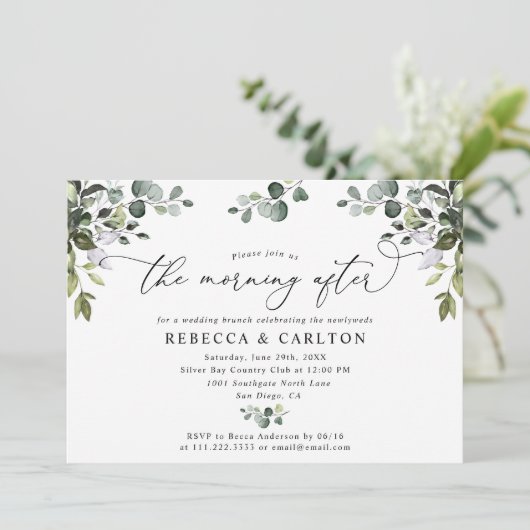Elegant Greenery Morning na bruiloft Brunch Kaart (Staand voorkant)