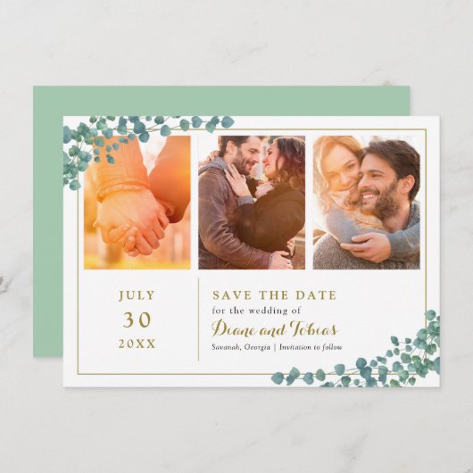 Elegant Greenery Multi Photo Save the Date Kaart (Voorkant / Achterkant)