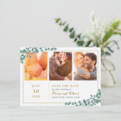 Elegant Greenery Multi Photo Save the Date Kaart (Staand voorkant)