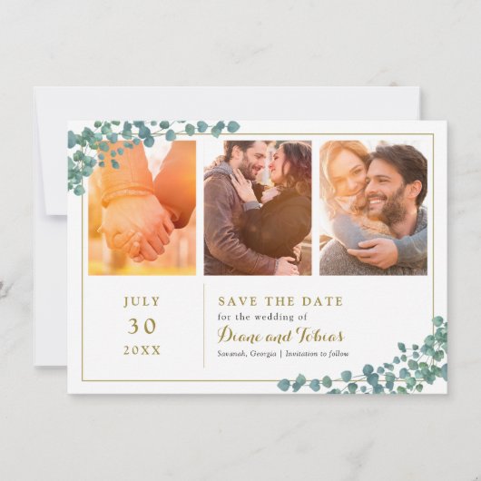 Elegant Greenery Multi Photo Save the Date Kaart (Voorkant)