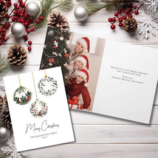 Elegant Greenery Ornament Photo Christmas Card Kaart