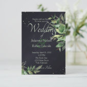 Elegant greenery over zwarte trouwuitnodiging kaart (Staand voorkant)