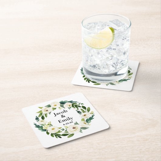 Elegant Greenery Personalized Names Date Wedding Kartonnen Onderzetters (Insitu)