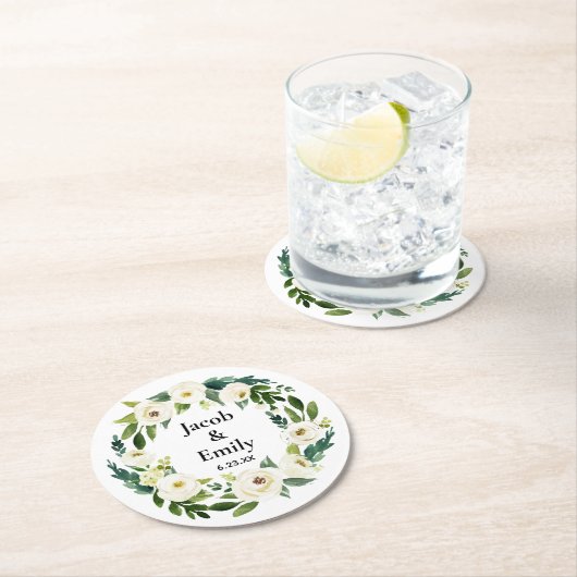 Elegant Greenery Personalized Names Date Wedding Ronde Kartonnen Onderzetter (Insitu)