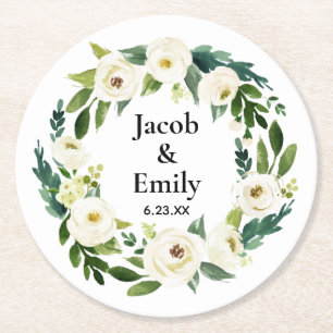 Elegant Greenery Personalized Names Date Wedding Ronde Kartonnen Onderzetter