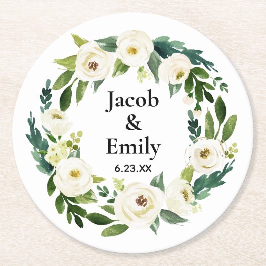 Elegant Greenery Personalized Names Date Wedding Ronde Kartonnen Onderzetter (Voorkant)