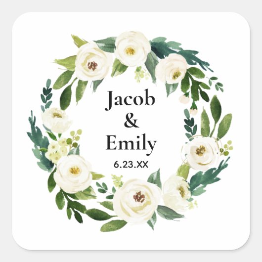 Elegant Greenery Personalized Names Date Wedding Vierkante Sticker (Voorkant)
