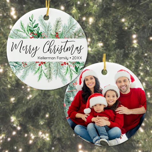 Elegant Greenery Photo Christmas Keramisch Ornament