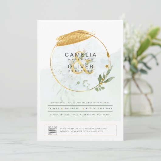 Elegant Greenery PHOTO Wedding Invitation QR CODE Kaart (Staand voorkant)