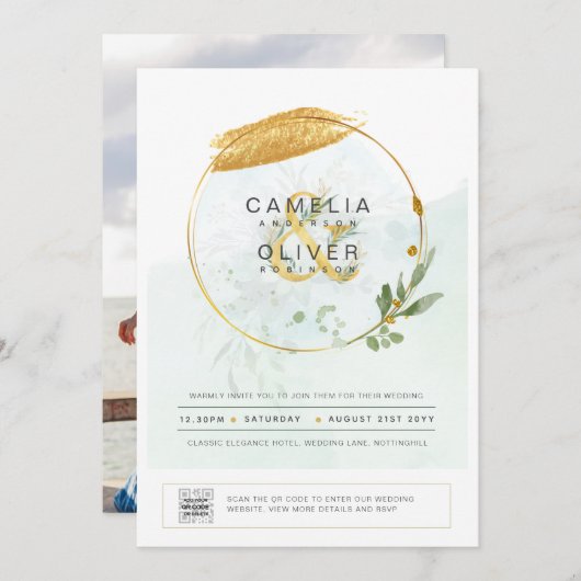 Elegant Greenery PHOTO Wedding Invitation QR CODE Kaart (Voorkant / Achterkant)