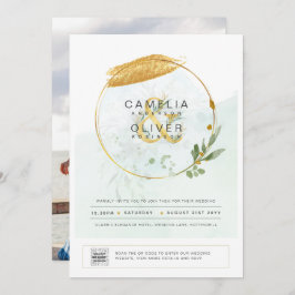 Elegant Greenery PHOTO Wedding Invitation QR CODE Kaart