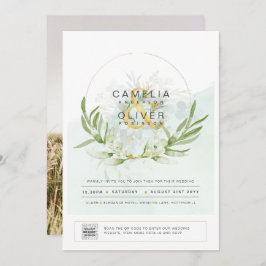 Elegant Greenery PHOTO Wedding Invitation QR CODE Kaart