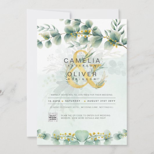 Elegant Greenery PHOTO Wedding Invitation QR CODE Kaart (Voorkant)