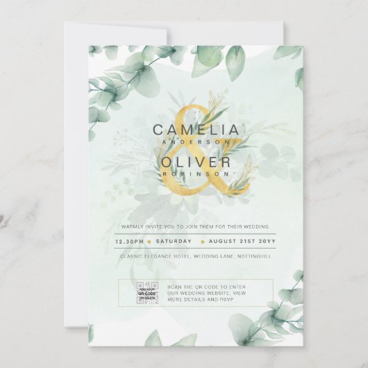 Elegant Greenery PHOTO Wedding Invitation QR CODE Kaart (Voorkant)
