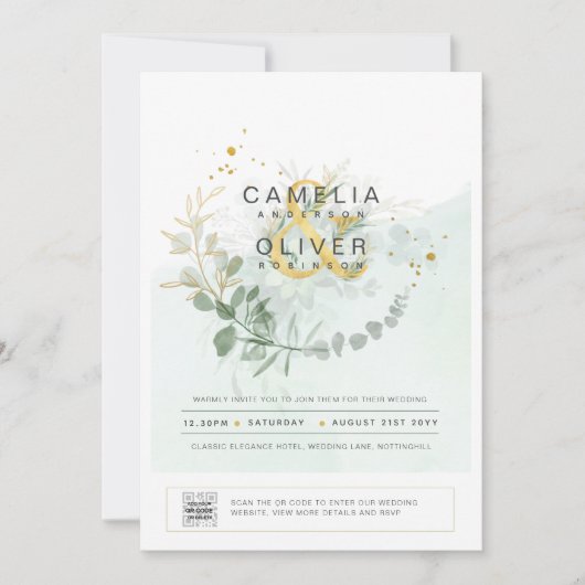 Elegant Greenery PHOTO Wedding Invitation QR CODE Kaart (Voorkant)