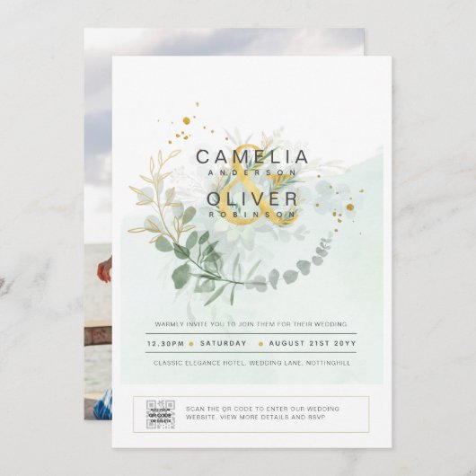 Elegant Greenery PHOTO Wedding Invitation QR CODE Kaart (Voorkant / Achterkant)