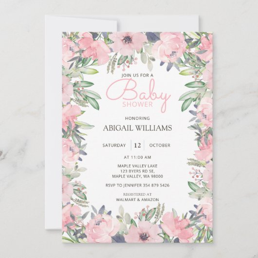 Elegant Greenery Pink Floral Baby shower Kaart (Voorkant)
