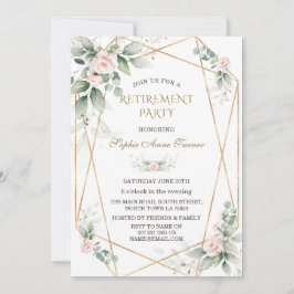 Elegant Greenery Pink Floral Gold Retirement Party Kaart