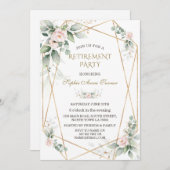 Elegant Greenery Pink Floral Gold Retirement Party Kaart (Voorkant / Achterkant)