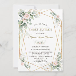 Elegant Greenery Pink Floral Gold Sweet Sixteen Kaart