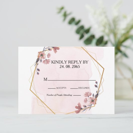 Elegant Greenery Pink Waterverf Geometric Wedding RSVP Kaartje (Staand voorkant)