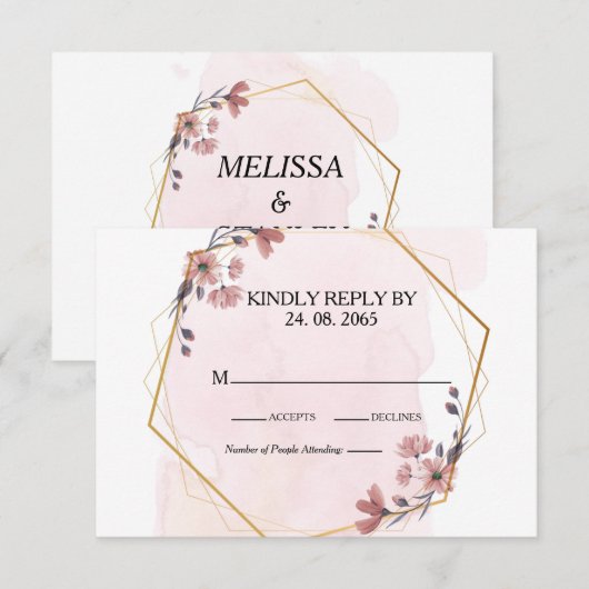 Elegant Greenery Pink Waterverf Geometric Wedding RSVP Kaartje (Voorkant / Achterkant)
