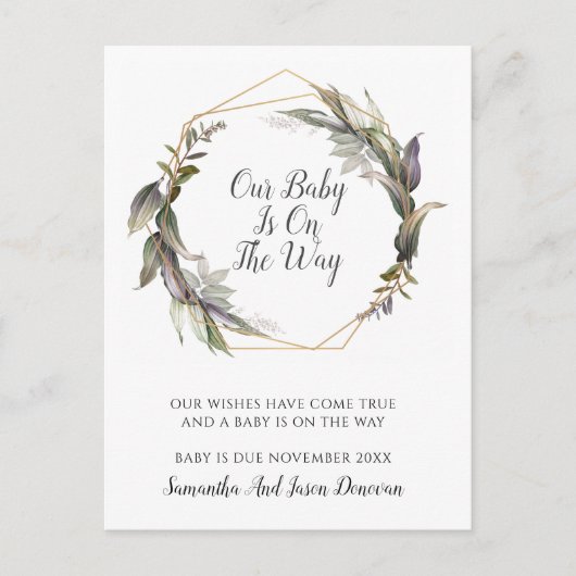 Elegant Greenery Pregnancy AnnounBriefkaart Aankondigingskaart (Voorkant)