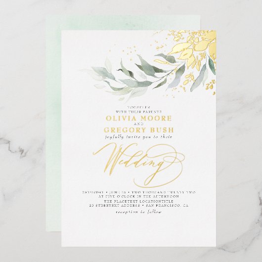 Elegant Greenery Real Gold Foil Boho Wedding Folie Uitnodiging (Voorkant / Achterkant)