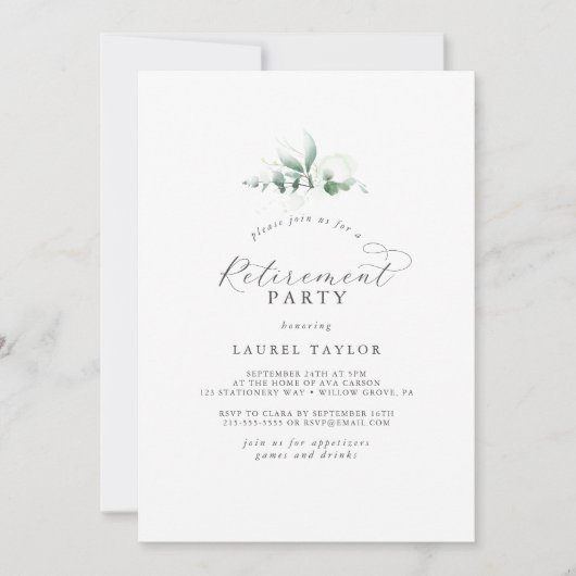 Elegant Greenery Retirement Party Invitation Kaart (Voorkant)