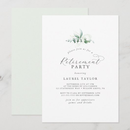 Elegant Greenery Retirement Party Invitation Kaart (Voorkant / Achterkant)