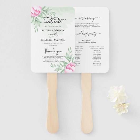 Elegant Greenery Roos Minimal Gold Wedding Program Handwaaier (Voorkant en achterkant)