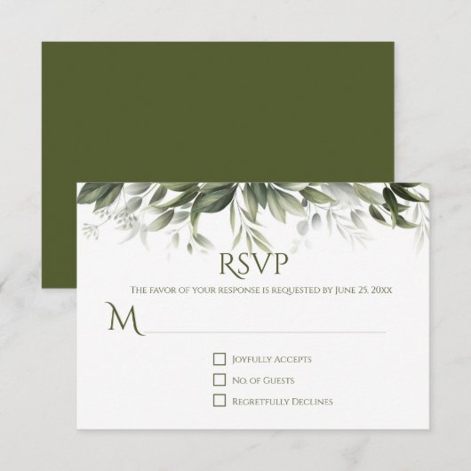 Elegant Greenery RSVP - Donkere Olijven Groen (Voorkant / Achterkant)