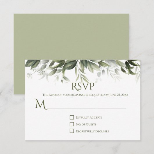 Elegant Greenery RSVP - Licht Olijfgroen Kaartje (Voorkant / Achterkant)