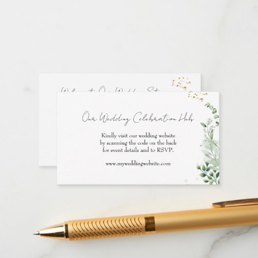 Elegant Greenery RSVP QR Code Invitation Informatiekaartje (Voorkant / Achterkant in situ)