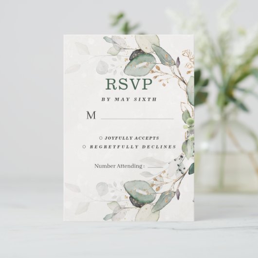 Elegant Greenery Rustic Eucalyptus Floral RSVP Kaartje (Staand voorkant)