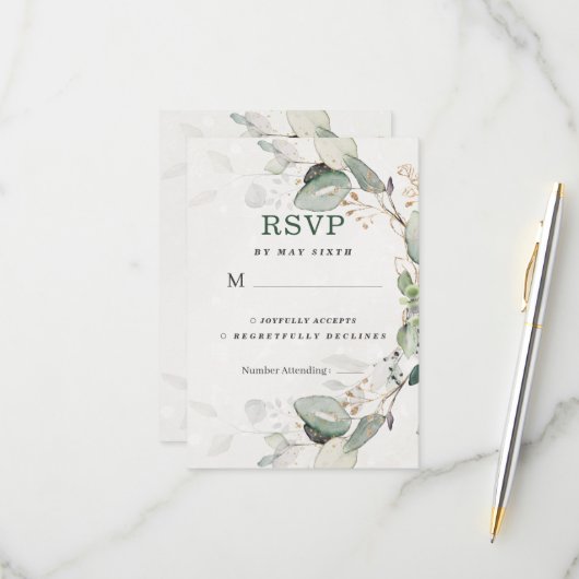 Elegant Greenery Rustic Eucalyptus Floral RSVP Kaartje (Voorkant / Achterkant in situ)