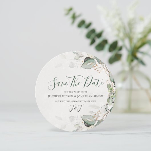 Elegant Greenery Rustic Eucalyptus Floral Save The Date (Staand voorkant)