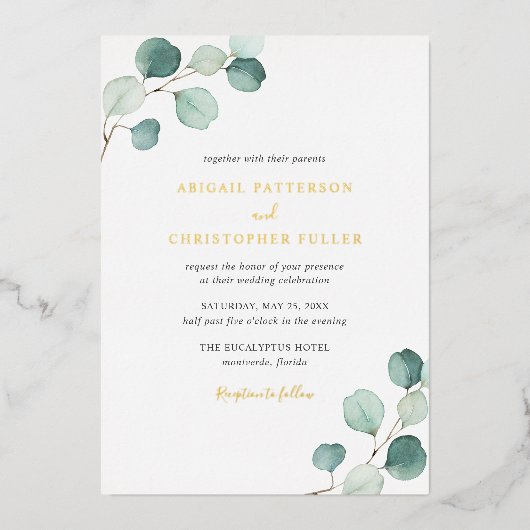 Elegant Greenery Rustic Eucalyptus Wedding Gold Folie Uitnodiging (Voorkant)