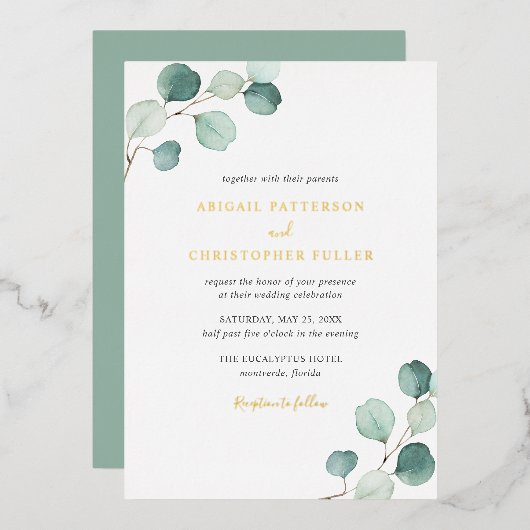 Elegant Greenery Rustic Eucalyptus Wedding Gold Folie Uitnodiging (Voorkant / Achterkant)