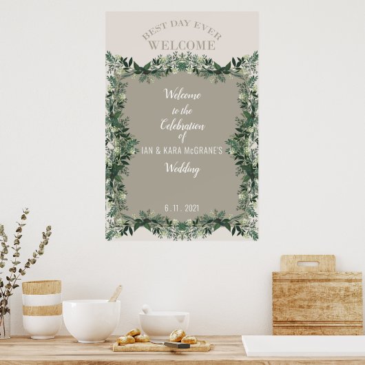 Elegant Greenery Rustic Wedding Celebration Sign Poster (Keuken)