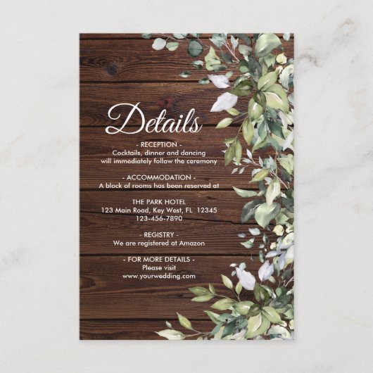 Elegant Greenery Rustic Wood Wedding Details Informatiekaartje (Voorkant)