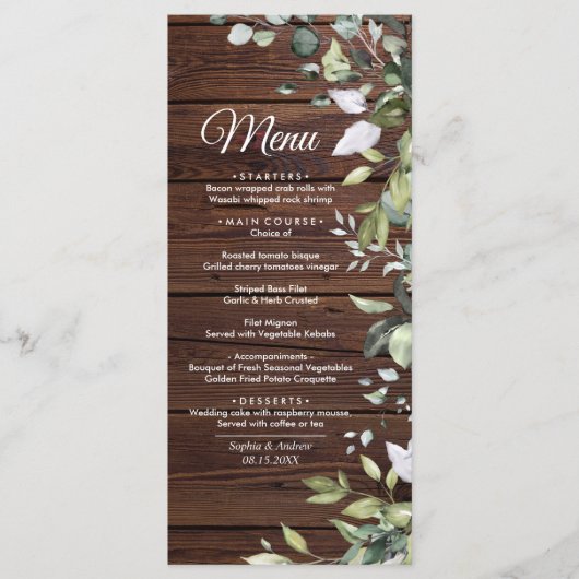 Elegant Greenery Rustic Wood Wedding Menu (Voorkant)